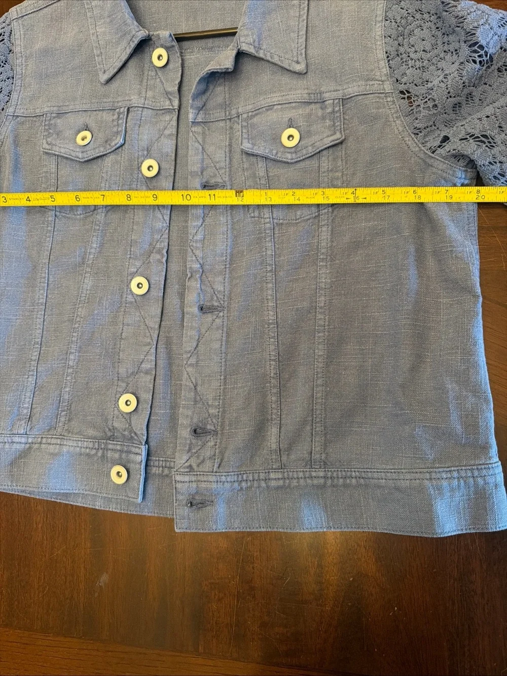 Soft Surroundings Light Blue Denim Jacket with Crochet Sleeves